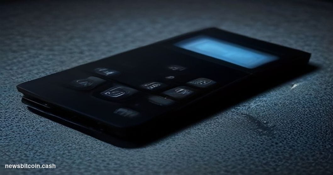 A cinematic photorealistic editorial photograph of a Coldcard hardware wallet device — its distinctive black rectangular form