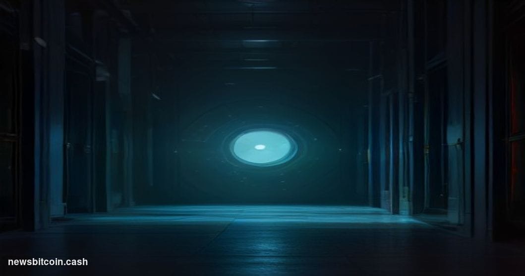 Cinematic photorealistic editorial photograph of a massive steel vault door swinging open in a darkened financial data center