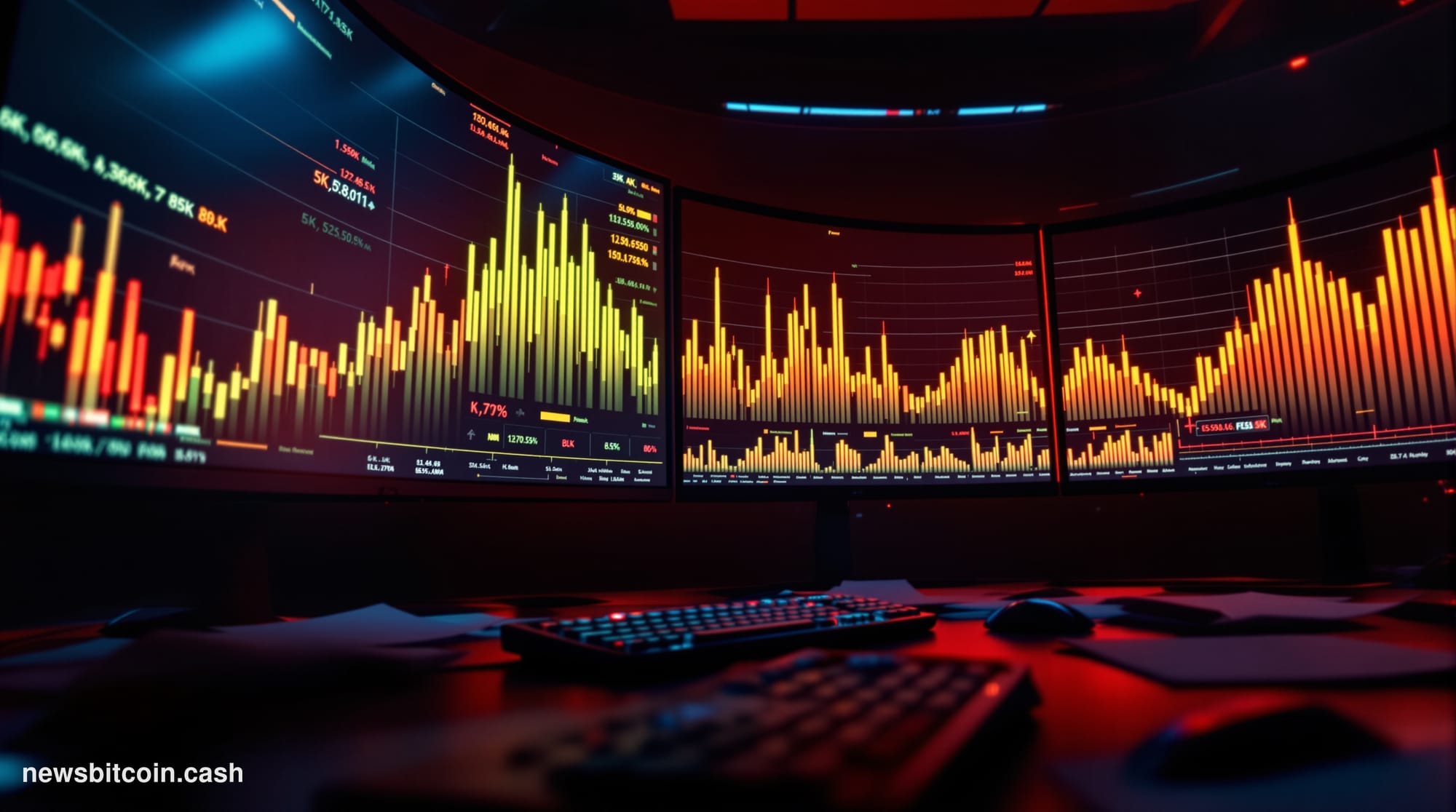 Cinematic photorealistic editorial photograph of a dramatic trading floor environment bathed in deep red and amber lighting, 
