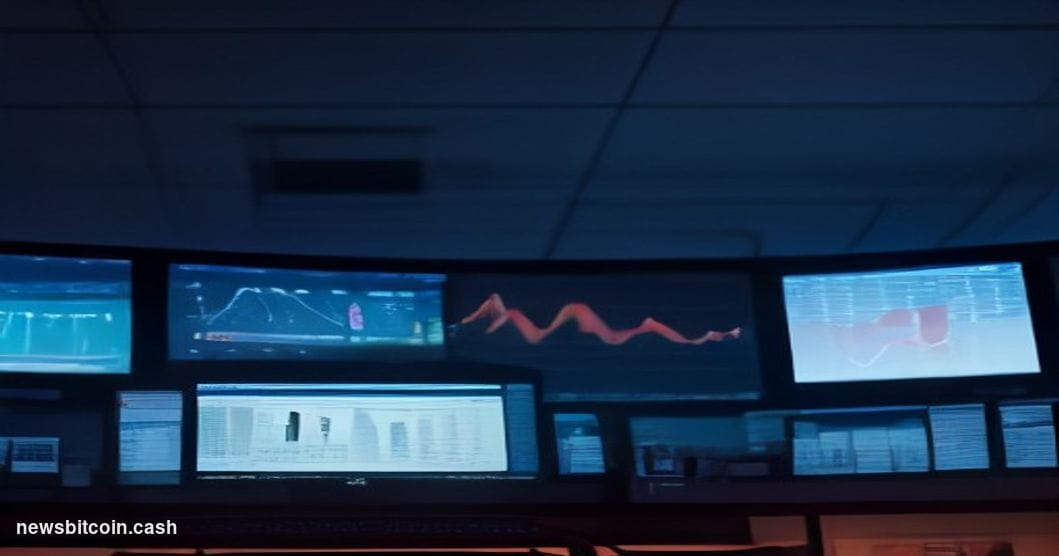 Cinematic photorealistic editorial photograph of a large financial trading floor bathed in cool blue and amber light, with mu