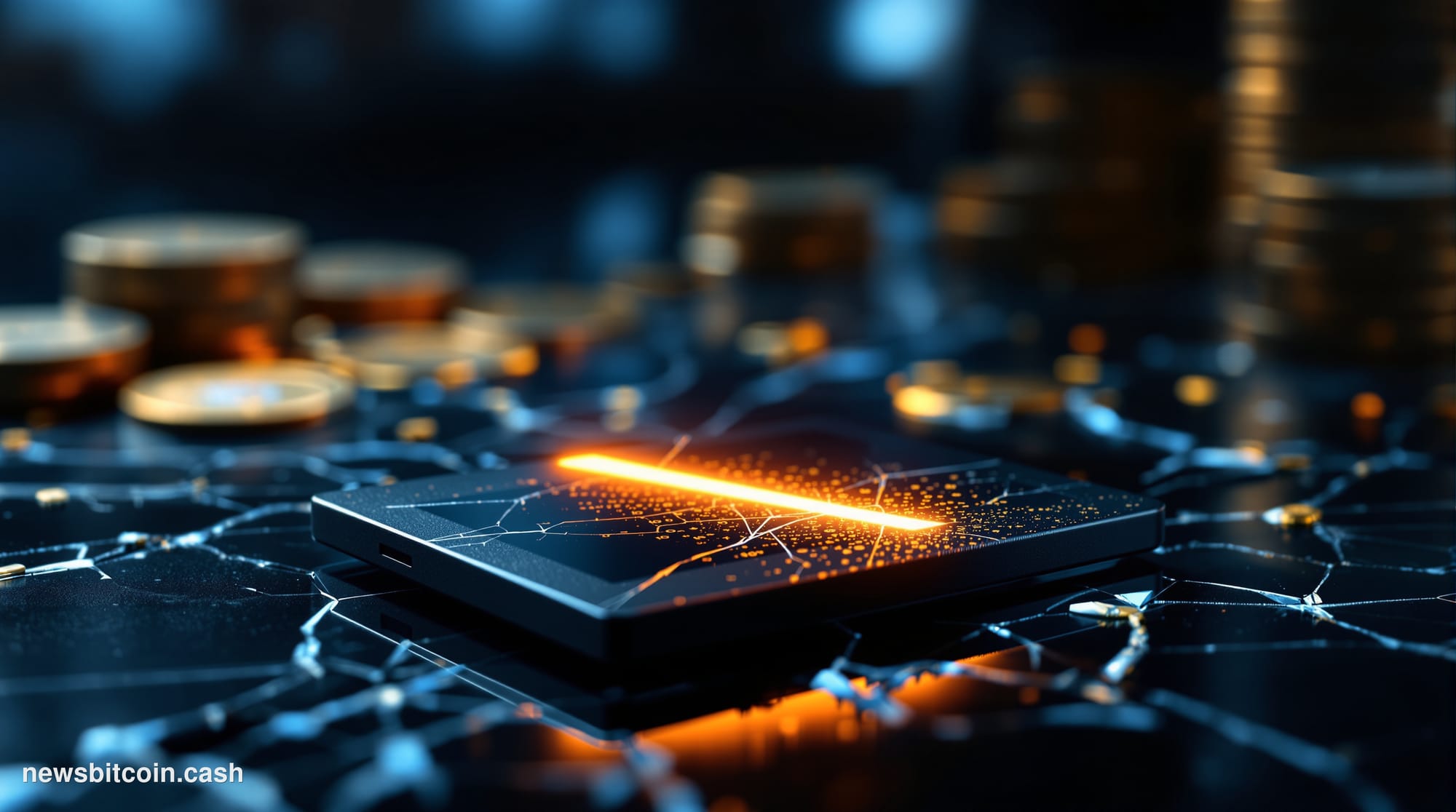 Cinematic photorealistic editorial photograph of a Coldcard hardware wallet device — small, black, credit-card-sized with vis