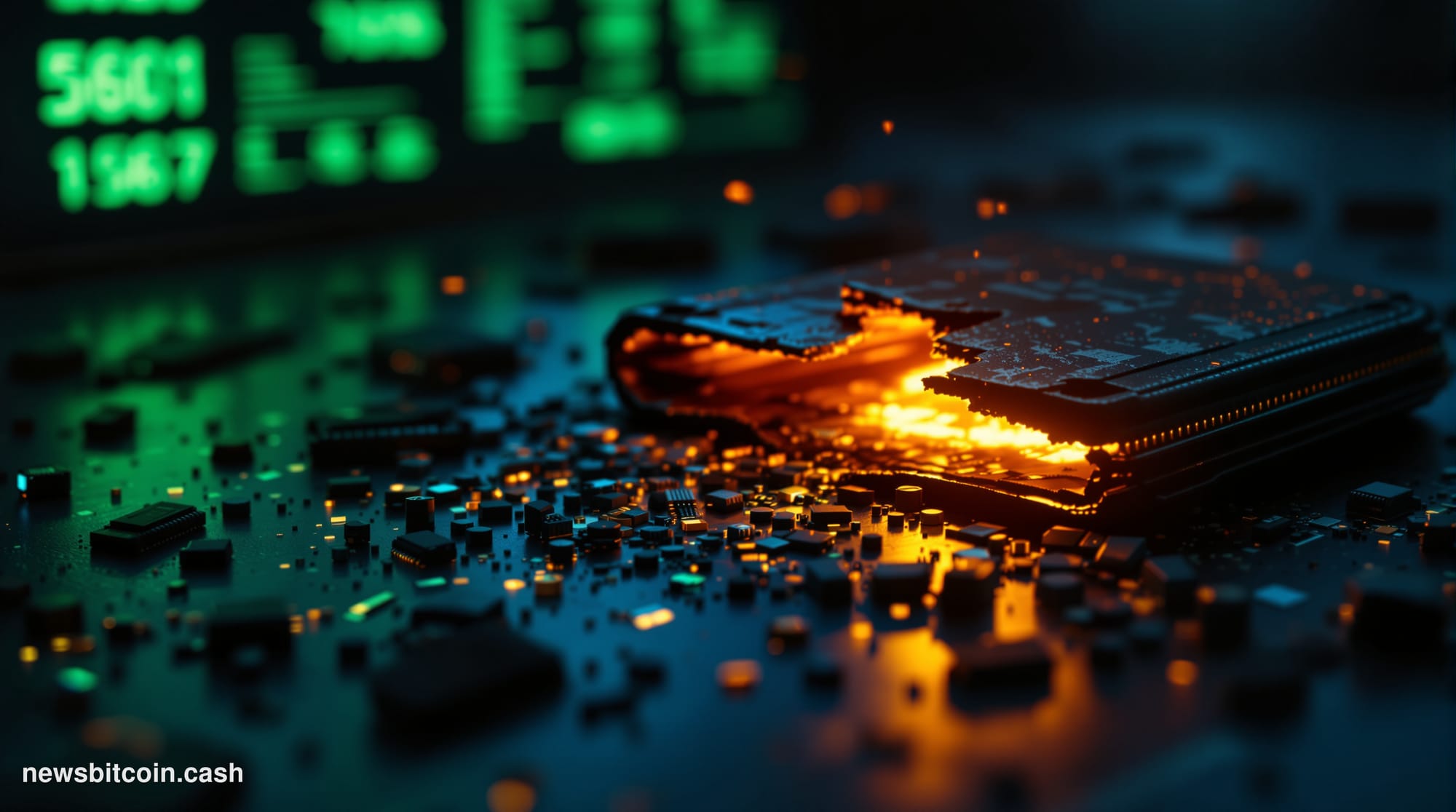 Cinematic photorealistic editorial photograph of a cracked open physical Bitcoin hardware wallet lying on a dark steel surfac