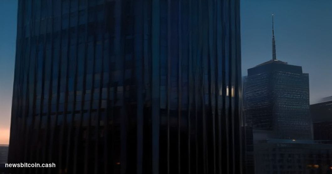 Cinematic photorealistic editorial photograph of a grand, imposing American insurance company headquarters building at dusk, 