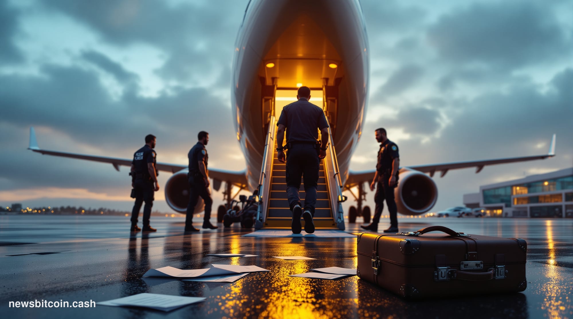 Cinematic photorealistic editorial photograph of a commercial deportation flight descending toward a rain-slicked airport tar