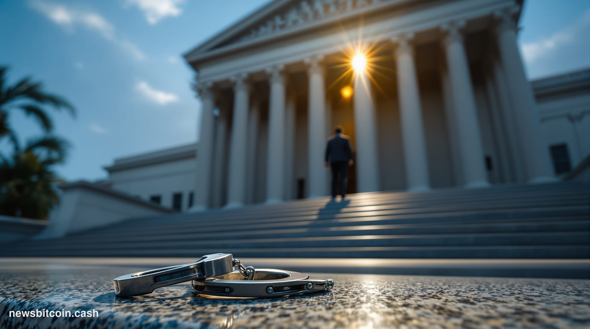 Cinematic photorealistic editorial photograph shot at low angle looking up at the imposing stone facade of a United States fe