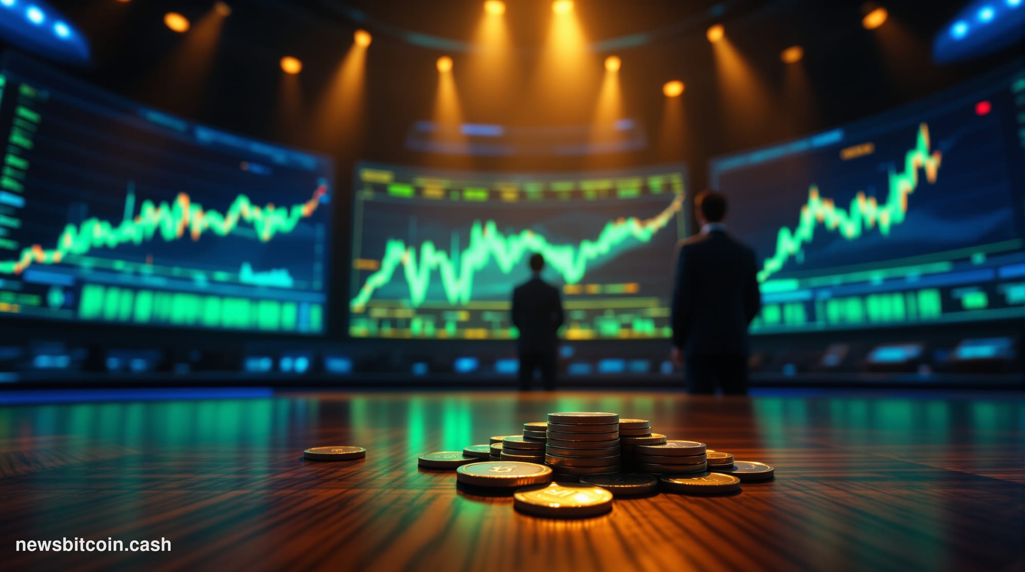Cinematic photorealistic editorial photograph of a dramatic trading floor environment bathed in cool blue and amber light, wi
