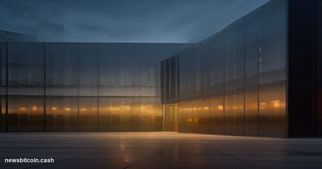 Cinematic photorealistic editorial photograph of Binance's global headquarters exterior at dusk, with warm amber light cuttin