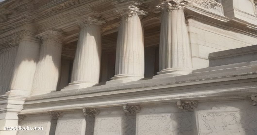 A cinematic photorealistic editorial photograph shot from a low angle looking up at the neoclassical marble facade of a grand