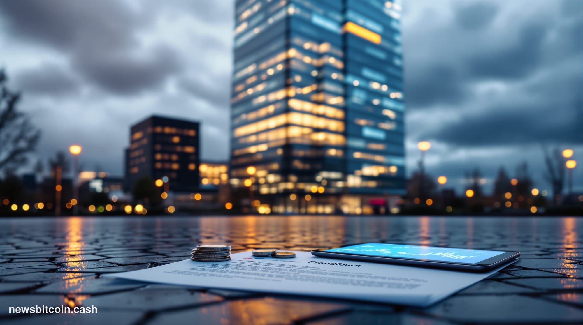 A cinematic photorealistic editorial photograph of the European Central Bank's modernist glass headquarters in Frankfurt, Ger