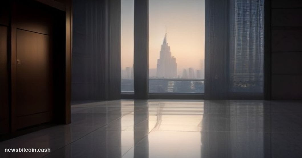 A cinematic photorealistic editorial photograph set at the Dubai Financial Centre district at dusk, dramatic golden-hour ligh