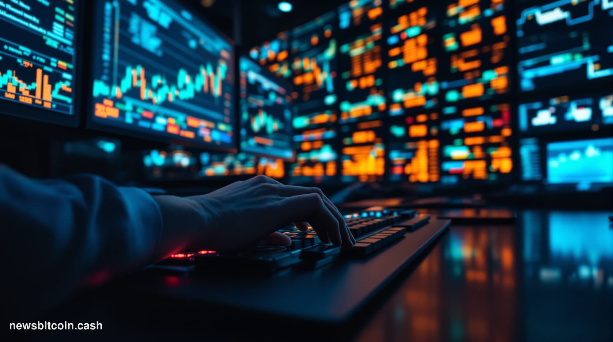 Cinematic photorealistic editorial photograph of a large institutional trading floor at night, bathed in cool blue and amber 