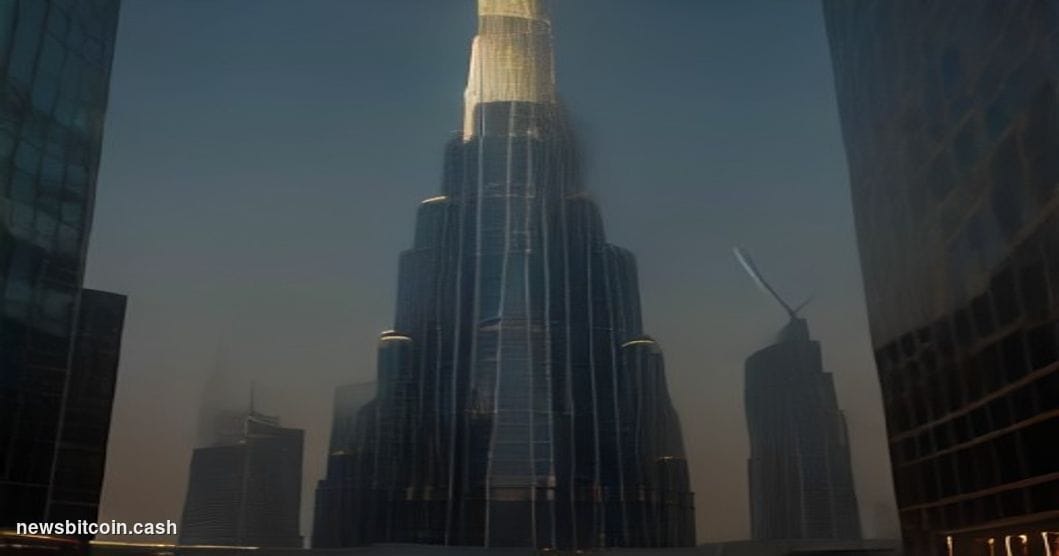 Cinematic photorealistic editorial photograph shot at ground level looking up at the Binance global headquarters signage at d