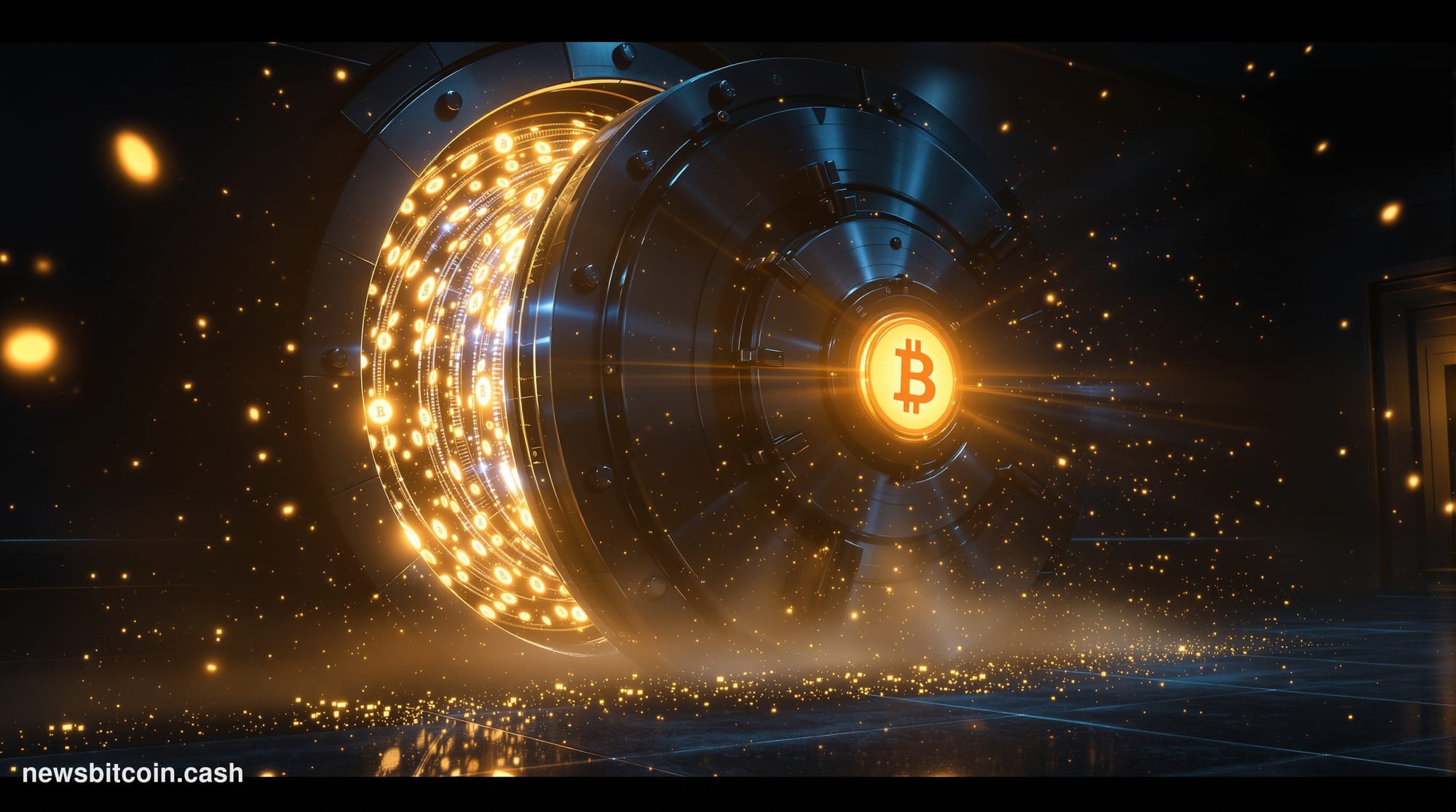 Cinematic photorealistic editorial photograph of a massive steel vault door swinging open inside a dramatic, dimly lit financ