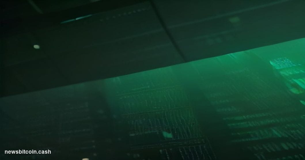 Cinematic photorealistic editorial photograph of a large financial trading floor at dusk, shot from a low angle looking up at