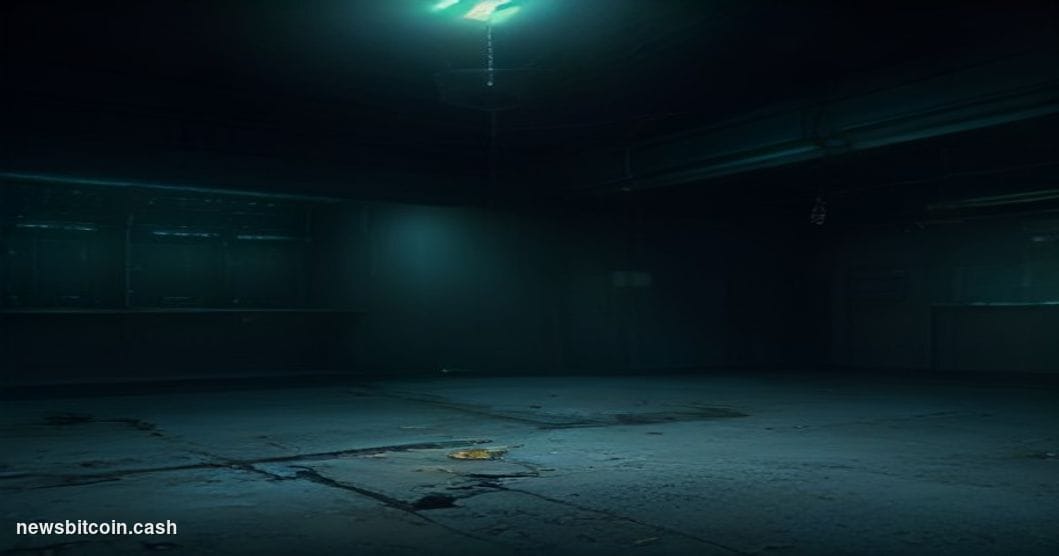 Cinematic photorealistic editorial photograph of a darkened server room with banks of glowing blue-green rack-mounted hardwar