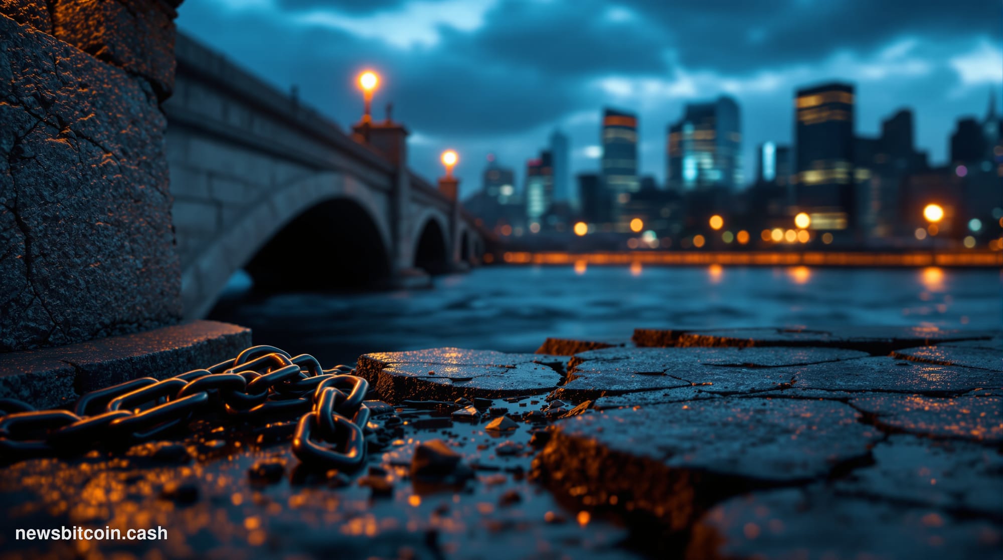 Cinematic photorealistic editorial photograph of a cracked stone bridge partially submerged in dark water, shot at dusk with 
