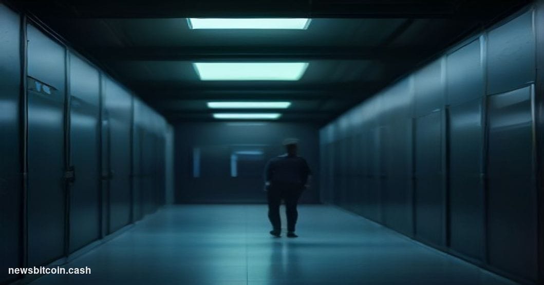Cinematic photorealistic editorial photograph of a modern data center corridor bathed in deep teal and amber lighting, with a