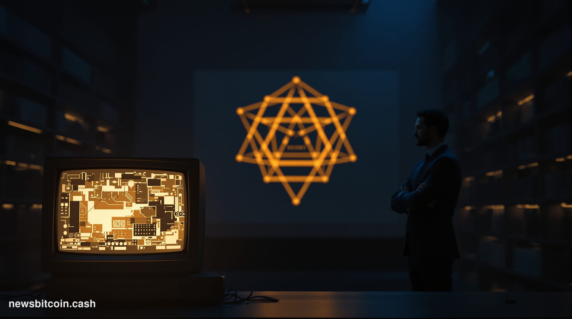 Cinematic photorealistic editorial photograph of a dimly lit research library or server room, with a large vintage computer m