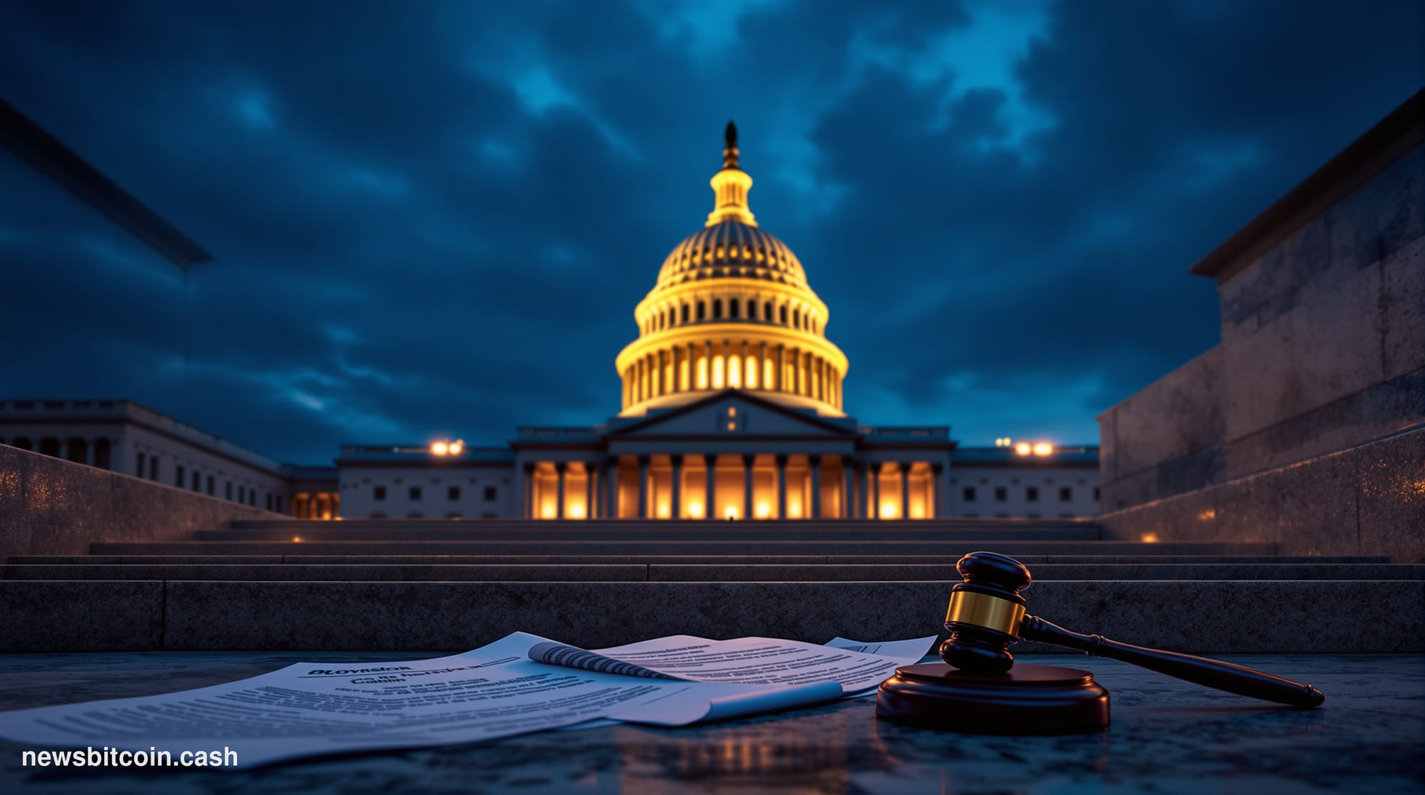 A cinematic photorealistic editorial photograph of the United States Capitol building at dusk, shot from a low angle looking 