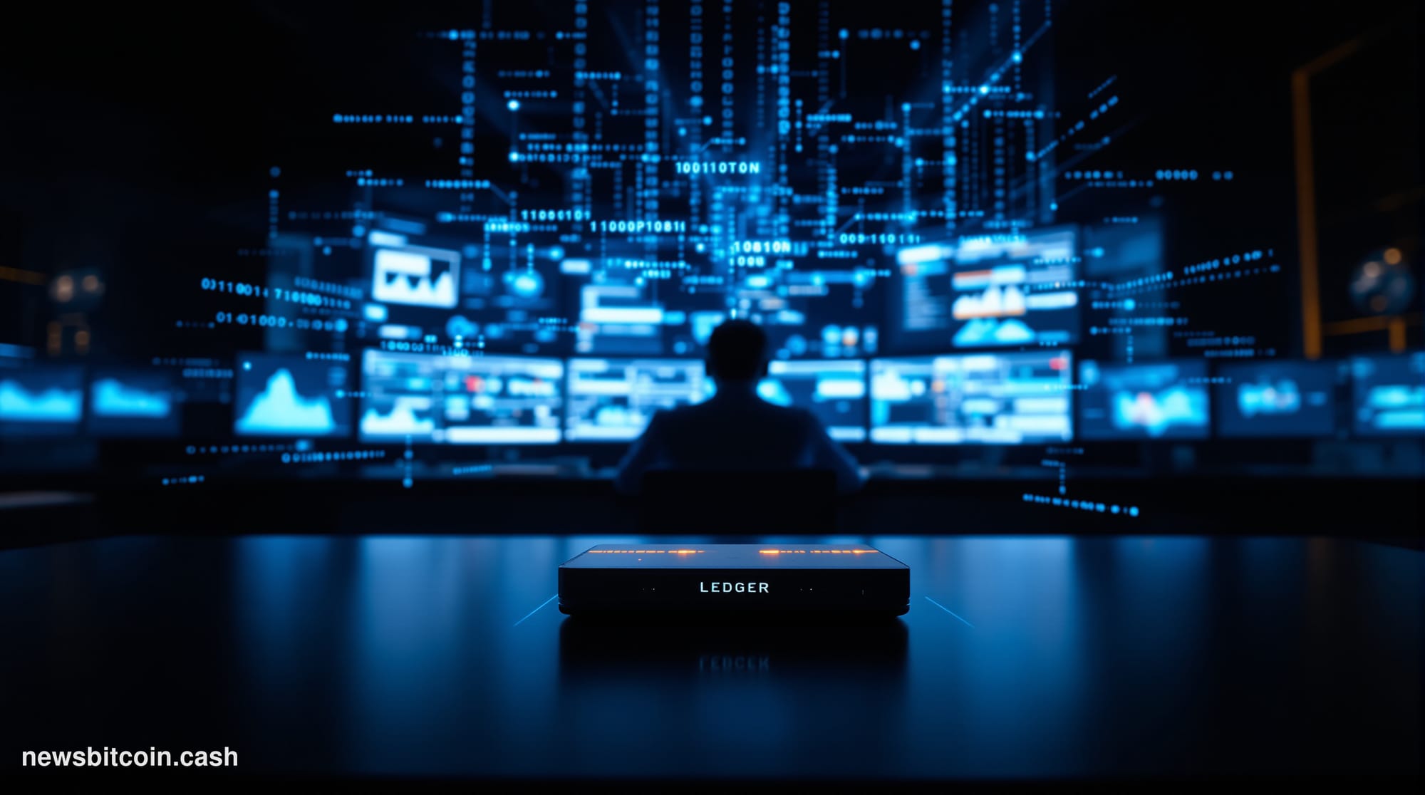 Cinematic photorealistic editorial photograph set in a dimly lit cybersecurity operations environment, featuring a Ledger har