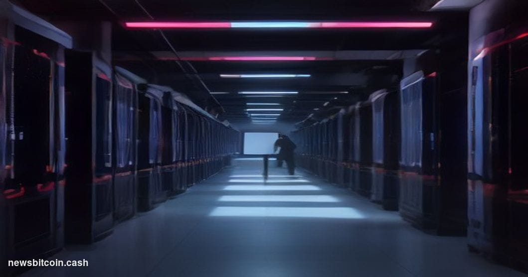 A cinematic photorealistic editorial photograph shot in a dramatic low-angle perspective inside a dimly lit data center corri