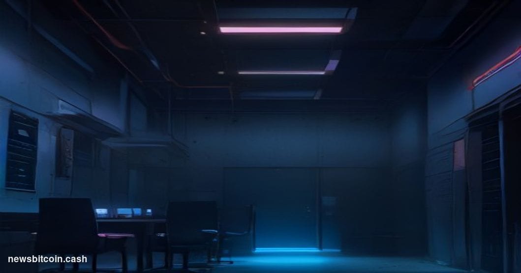 Cinematic photorealistic editorial photograph of a dimly lit enterprise server room, shot from a low angle looking up at towe