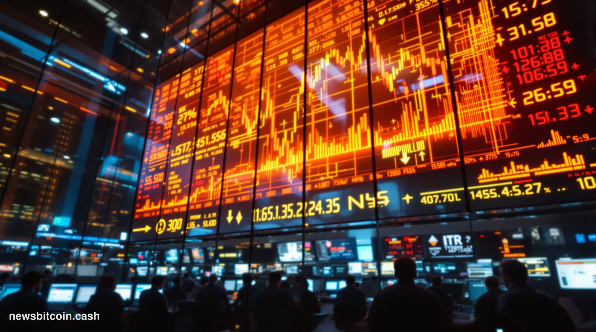 Cinematic photorealistic editorial photograph of a Wall Street trading floor viewed through floor-to-ceiling glass, shot from