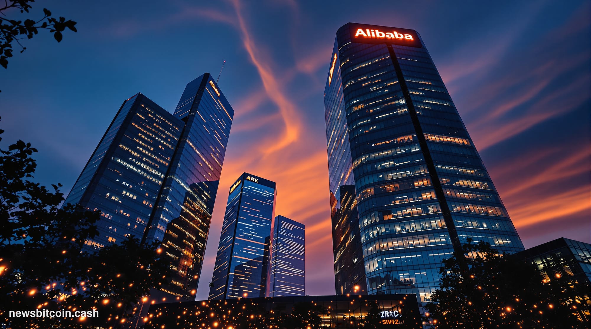 Cinematic photorealistic editorial photograph of Alibaba's iconic Hangzhou headquarters campus at dusk, shot from a low wide-
