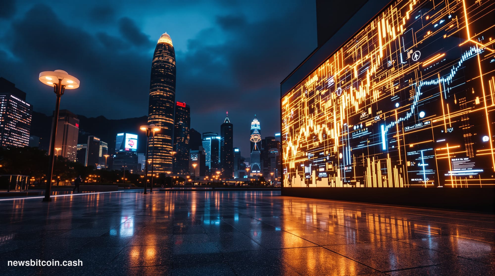 Cinematic photorealistic editorial photograph of the Hong Kong financial district skyline at dusk, shot from a low angle look