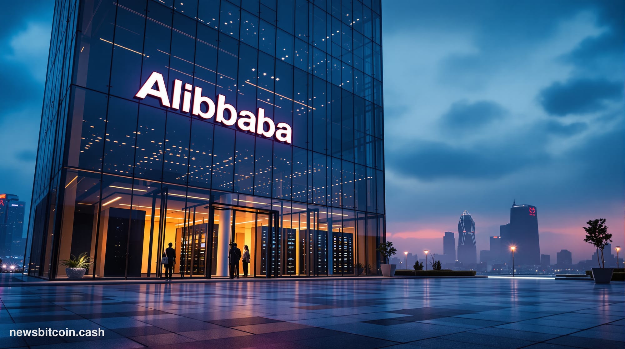 Cinematic photorealistic editorial photograph of Alibaba's corporate headquarters campus in Hangzhou, China, shot at dusk wit