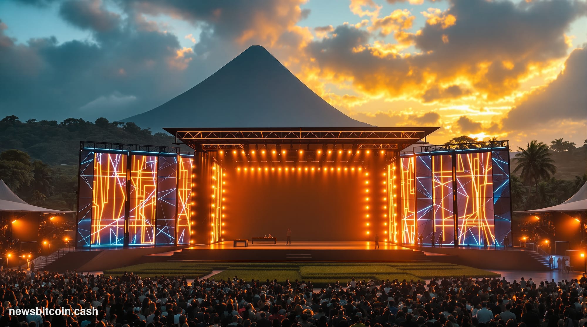 Cinematic photorealistic editorial photograph of a dramatic tropical competition stage set against Bali's iconic landscape, w