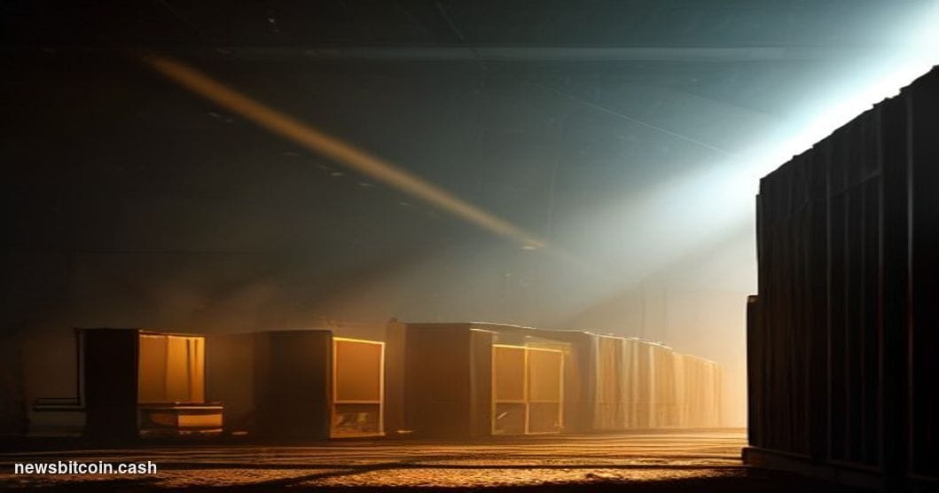 Cinematic photorealistic editorial photograph of a large-scale industrial Bitcoin mining facility in the American Southwest, 