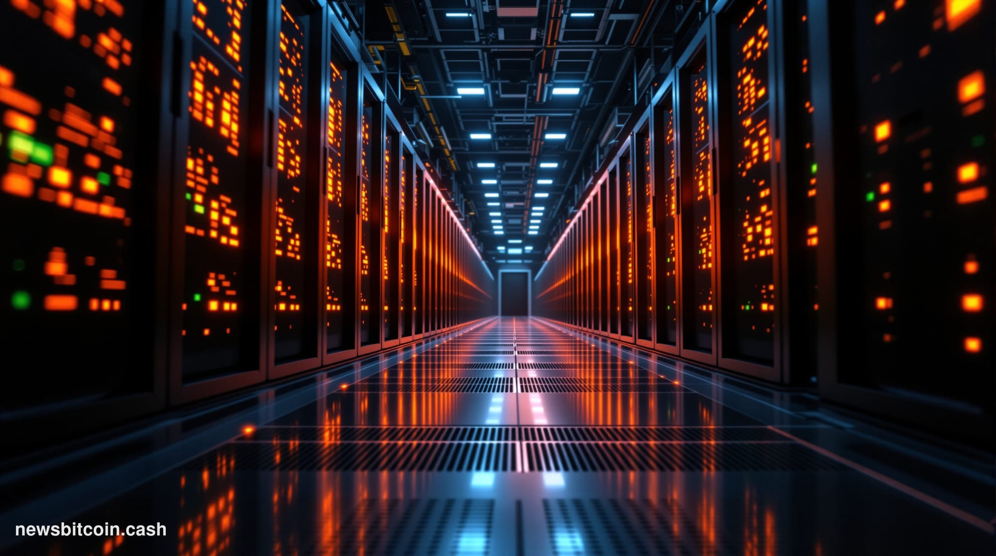 Cinematic photorealistic editorial photograph of an industrial-scale Bitcoin mining facility interior, shot from a low angle 