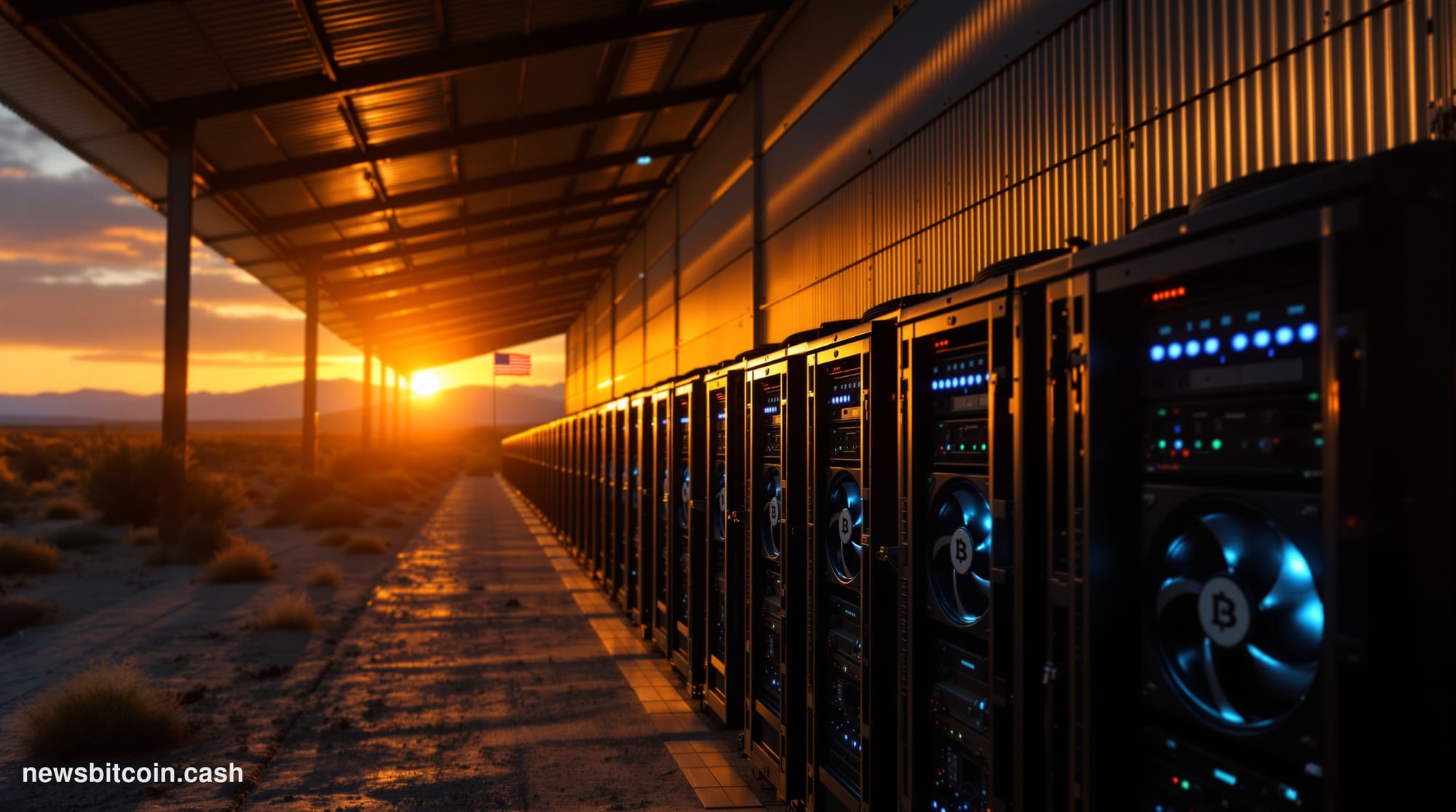 Cinematic photorealistic editorial photograph of an industrial-scale Bitcoin mining facility in the American Southwest desert