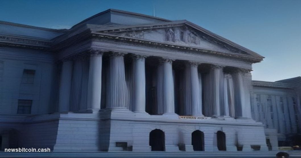 Cinematic photorealistic editorial photograph of the exterior of the US Treasury building in Washington D.C. at dusk, dramati