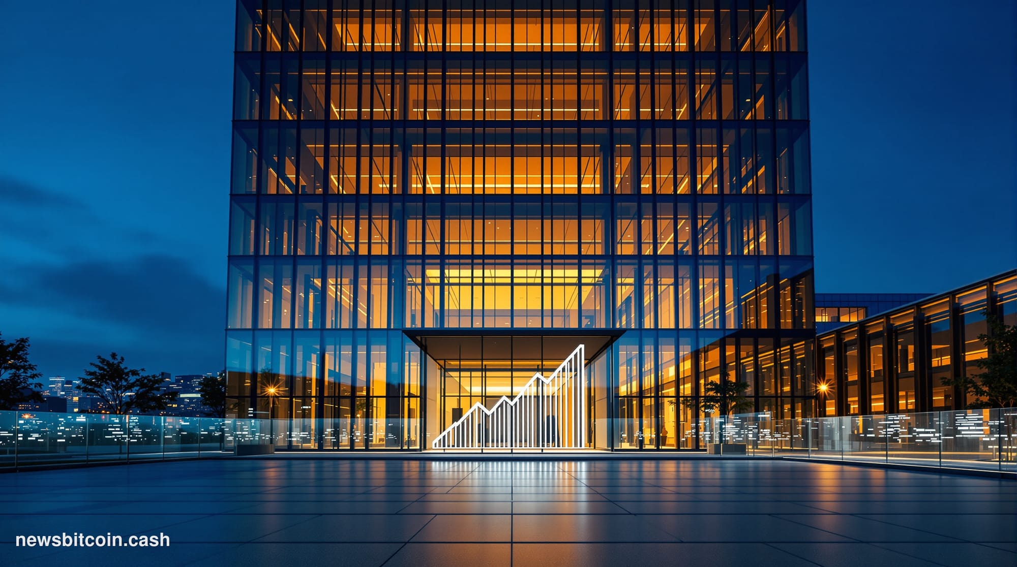 Cinematic photorealistic editorial photograph of a sleek, modern AI research campus at dusk, shot from a low-angle perspectiv