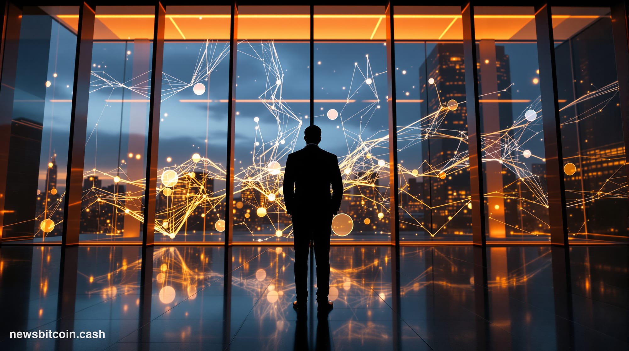 A cinematic photorealistic editorial photograph of a sleek corporate investor roadshow venue in San Francisco's Financial Dis