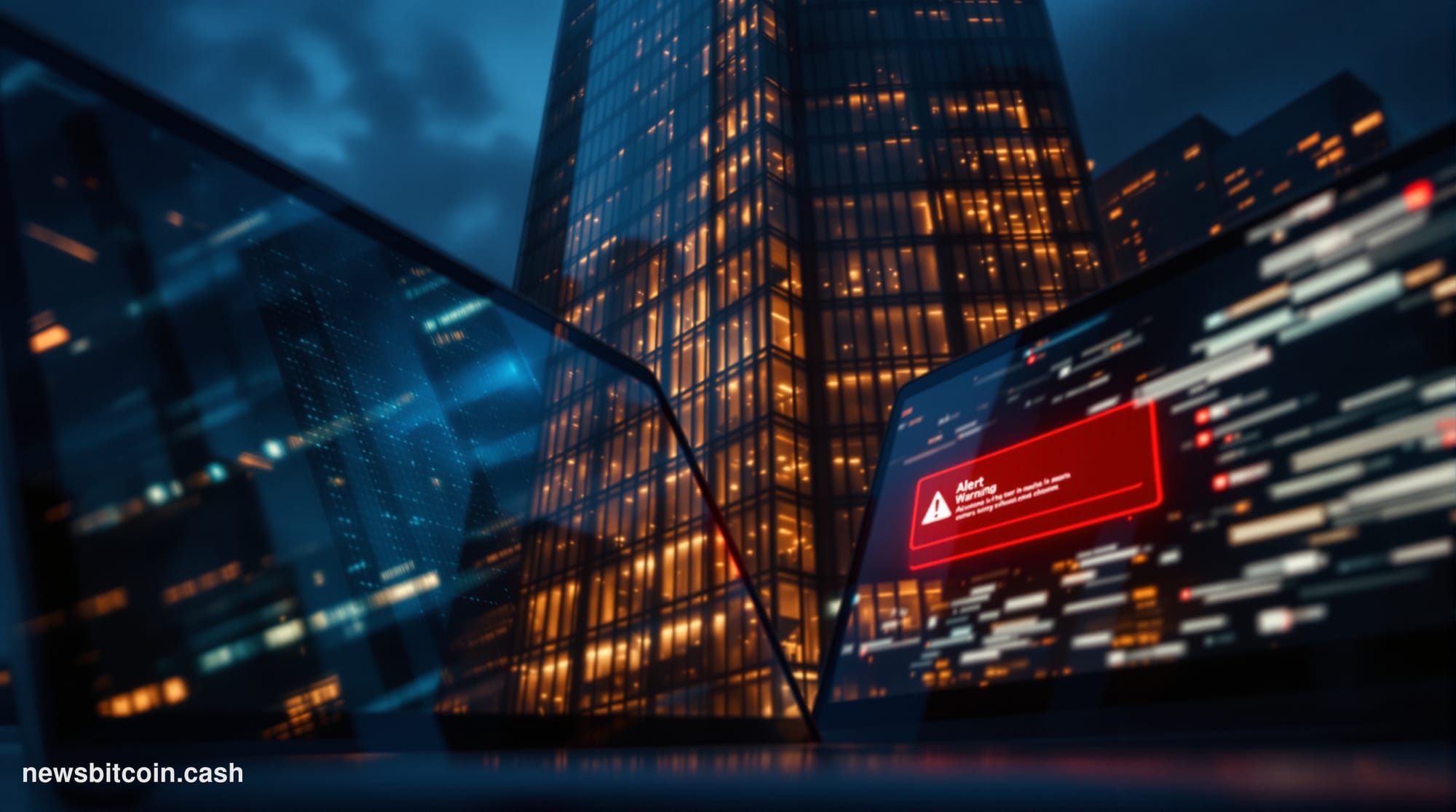 Cinematic photorealistic editorial photograph of a sleek, imposing corporate financial headquarters at dusk, with large floor