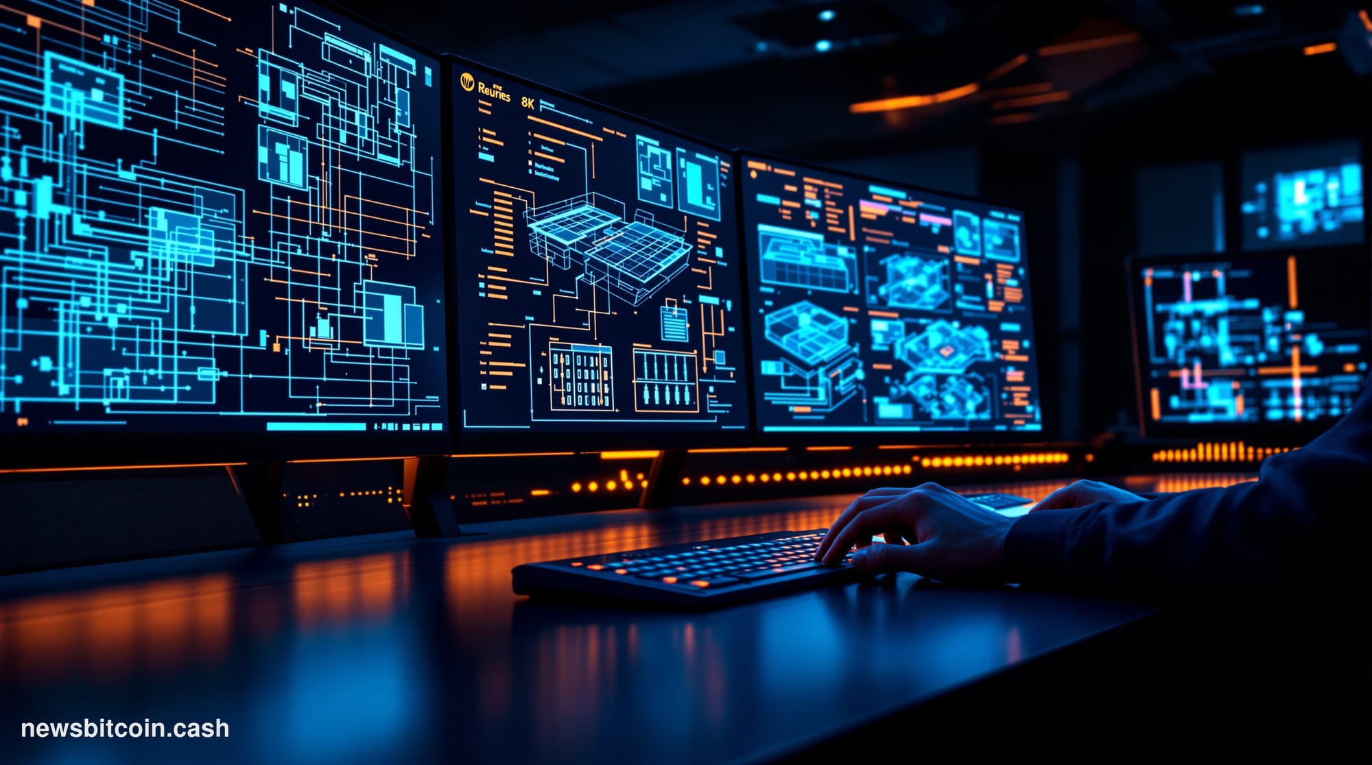 A cinematic photorealistic editorial photograph of a modern blockchain infrastructure control room, bathed in cool blue and a