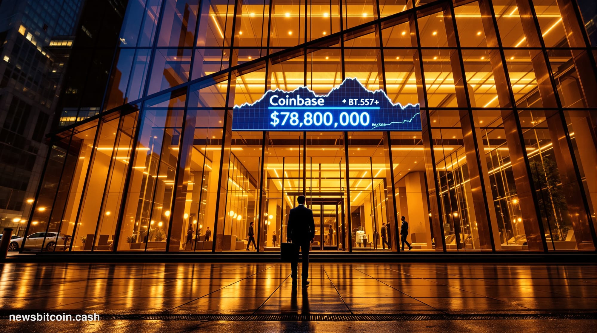 Cinematic photorealistic editorial photograph of the Coinbase headquarters exterior in San Francisco's tech district at dusk,
