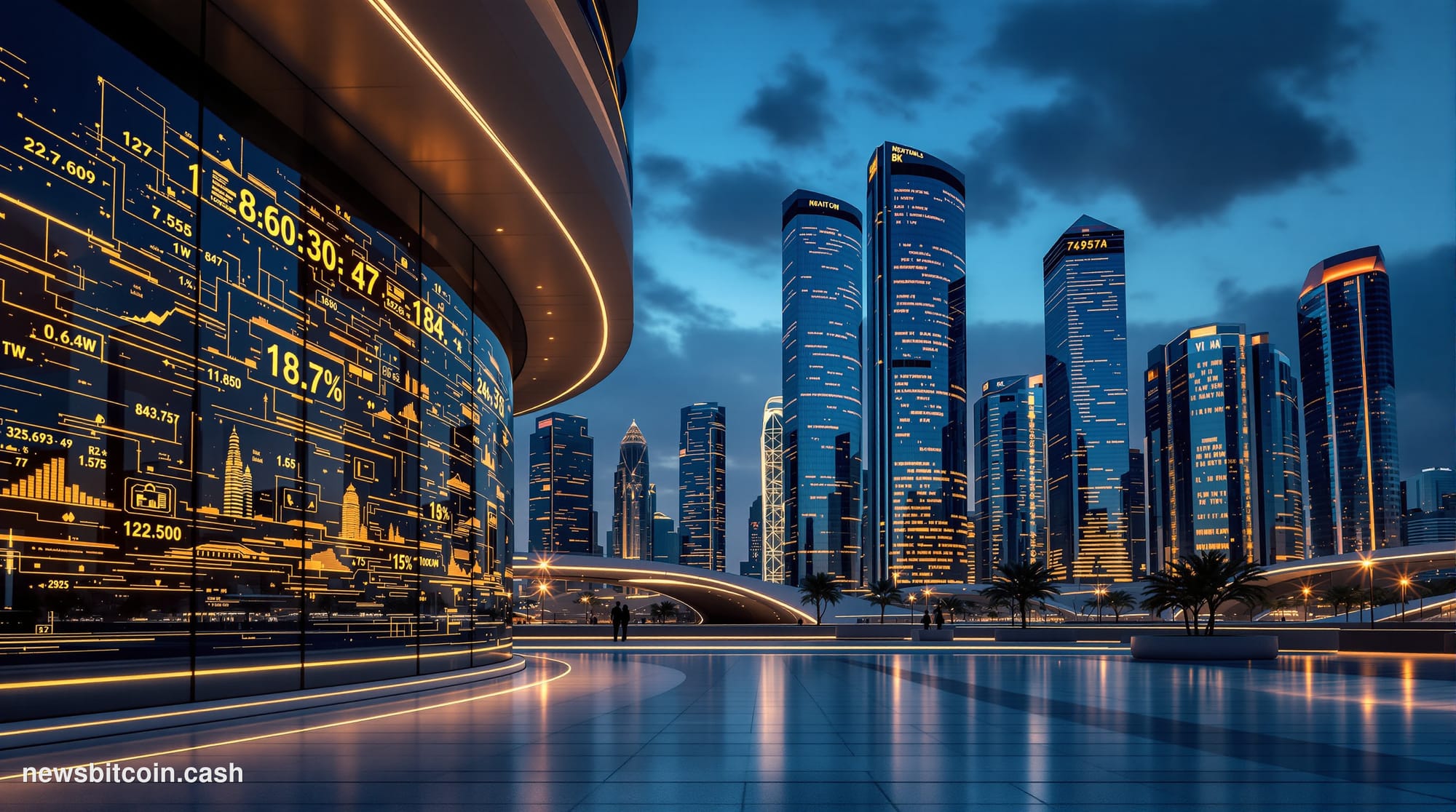 Cinematic photorealistic editorial photograph of the Dubai International Financial Centre skyline at dusk, featuring the dist