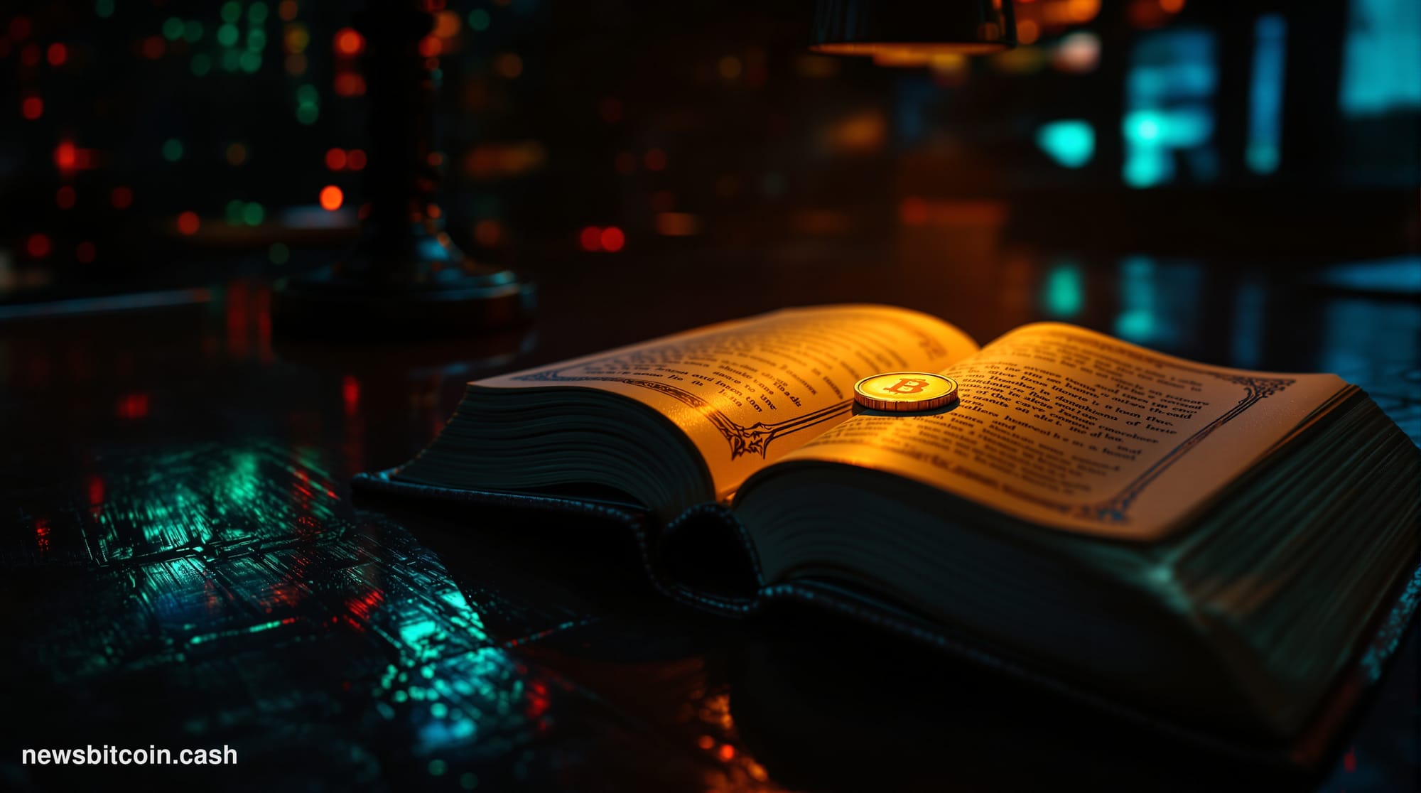 Cinematic photorealistic editorial photograph of a dramatic close-up of an ornate, leather-bound ancient book lying open on a