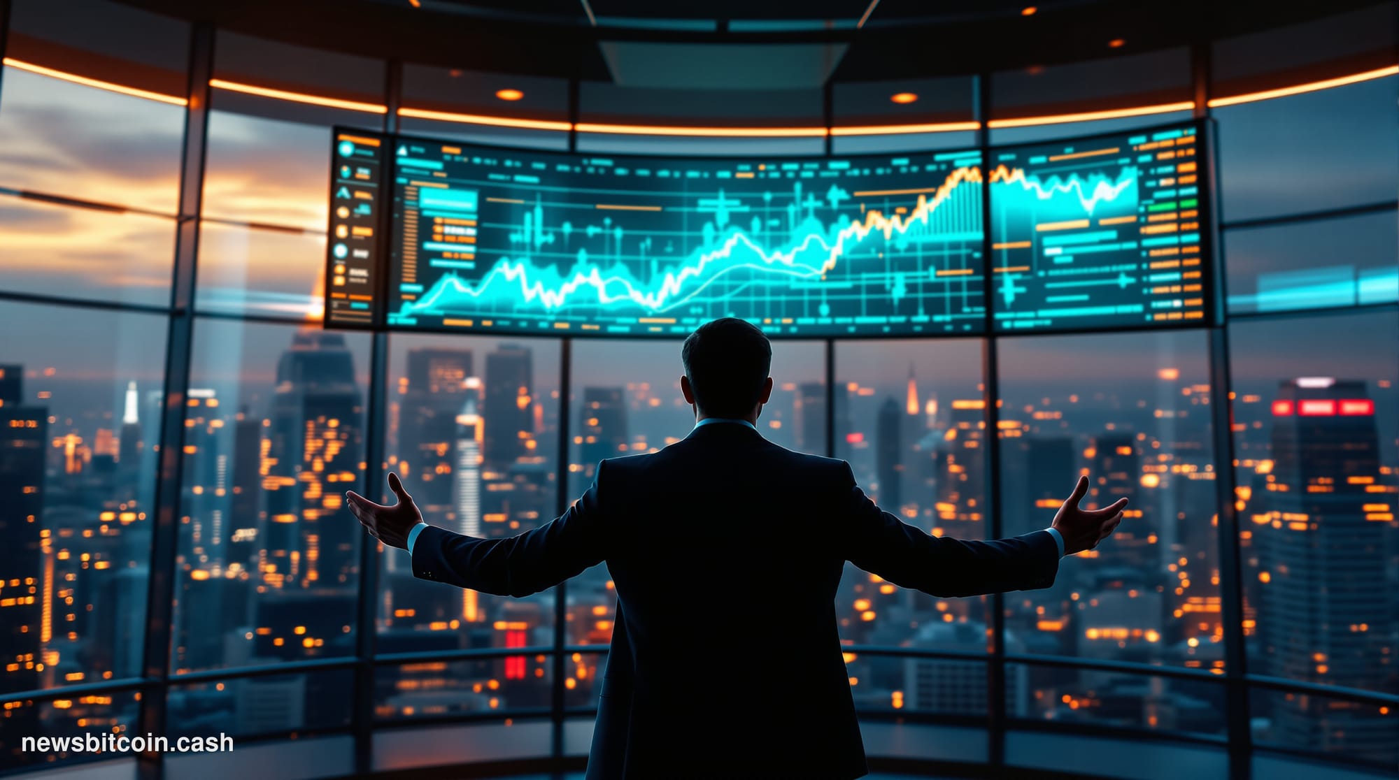 Cinematic photorealistic editorial photograph of a dramatic financial trading environment at dusk, with warm amber light cutt