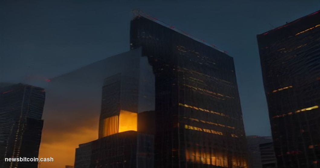Cinematic photorealistic editorial photograph of a gleaming Tokyo financial district skyline at dusk, shot from a low angle l