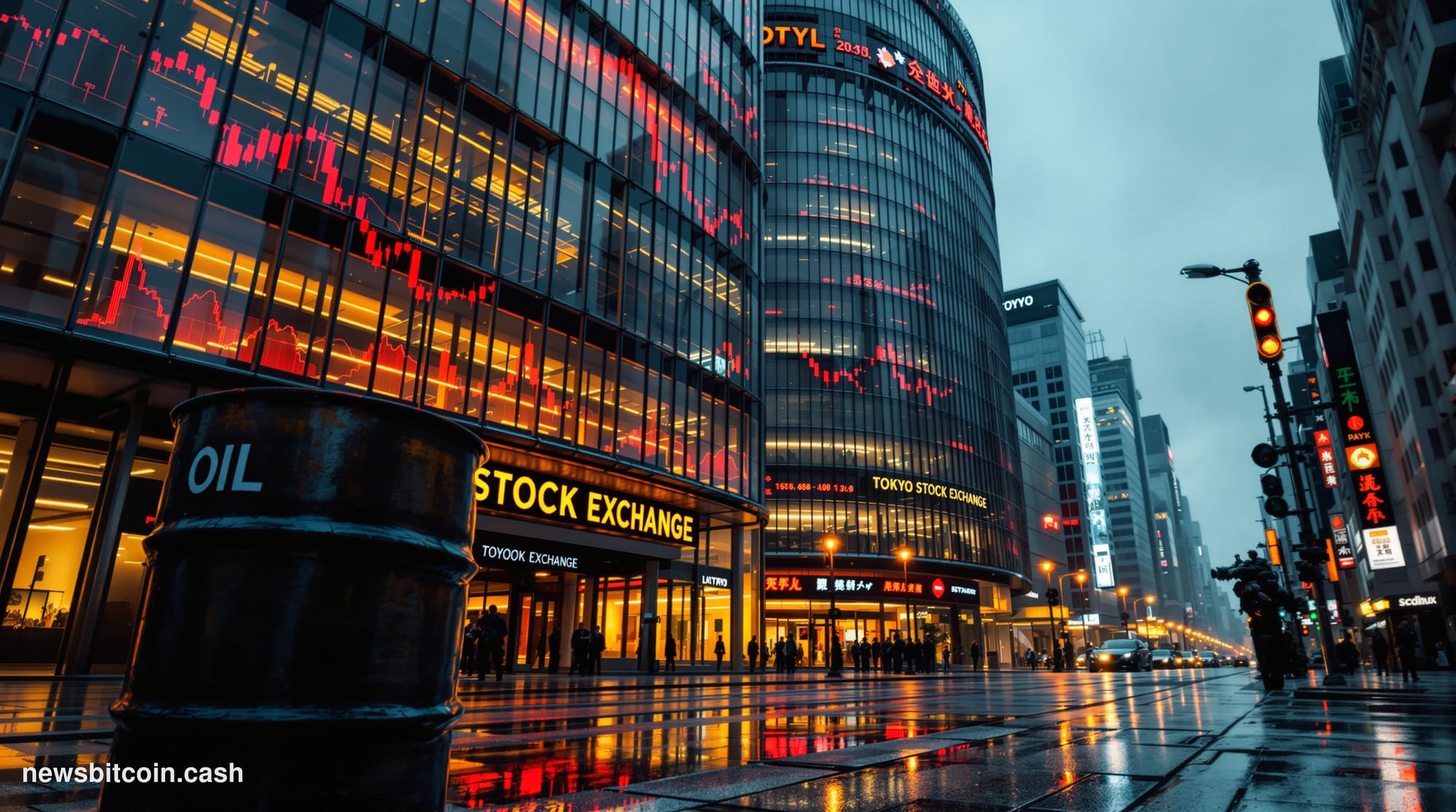 Cinematic photorealistic editorial photograph of a major Asian financial district at dawn — specifically the Tokyo Stock Exch