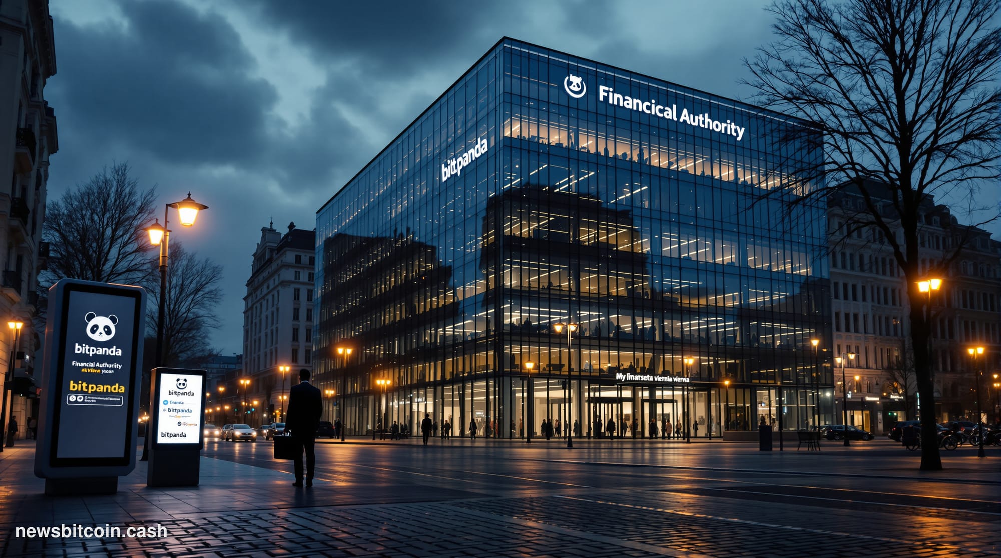 Cinematic photorealistic editorial photograph of the Vienna financial district at dusk, with the Ringstrasse boulevard in the