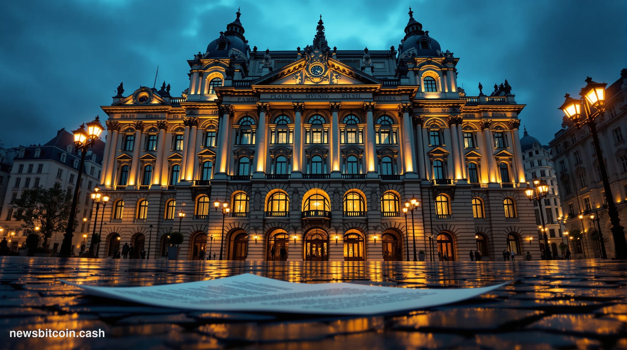Cinematic photorealistic editorial photograph of the Austrian Financial Market Authority's Vienna office building exterior at