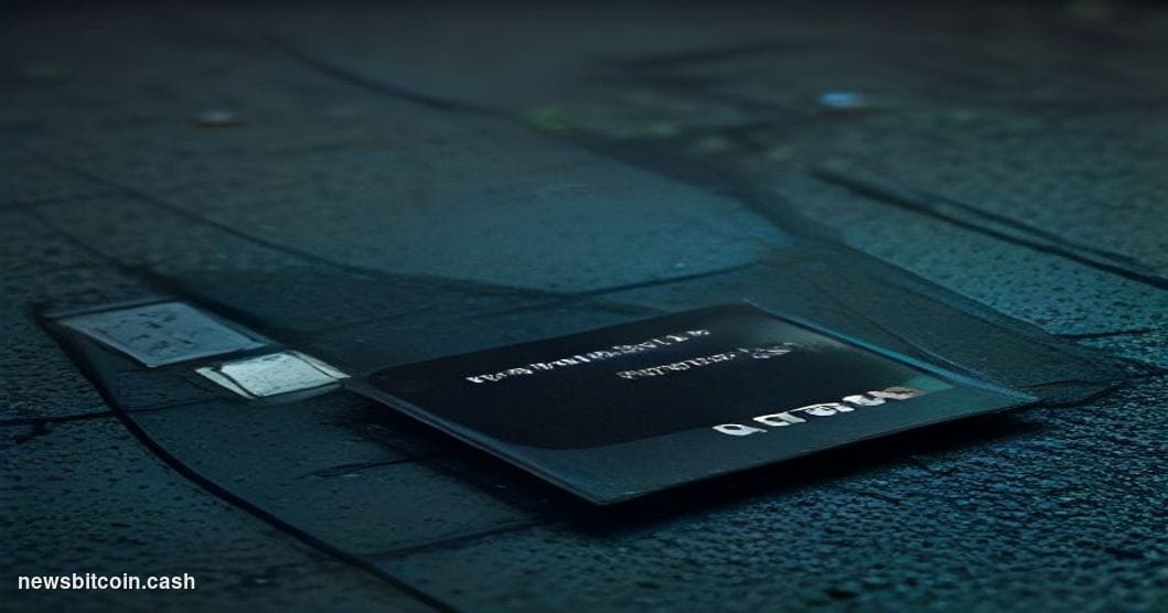 Cinematic photorealistic editorial photograph of a cracked and darkened Solana blockchain-themed debit card lying on a wet re