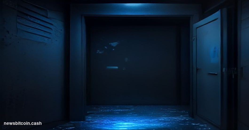 Cinematic photorealistic editorial photograph of a cracked and shattered digital vault door rendered in cold blue-silver stee
