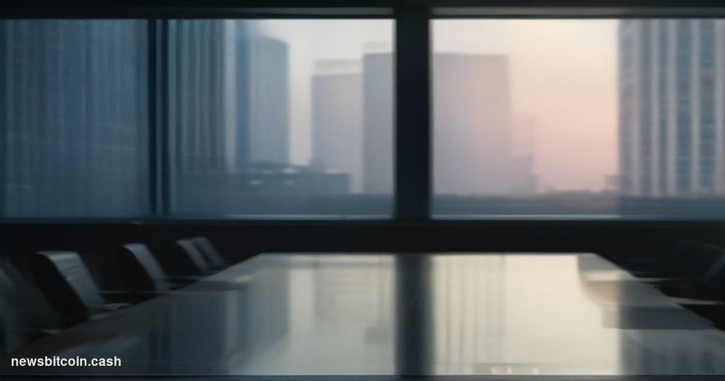 Cinematic photorealistic editorial photograph of a gleaming financial district at dusk, featuring a modern glass-and-steel cl